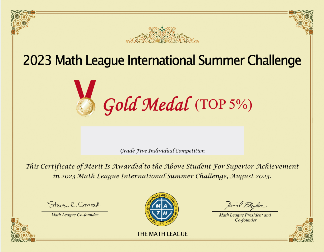 The Math League International Summer Challenge Gold Medal Certificate